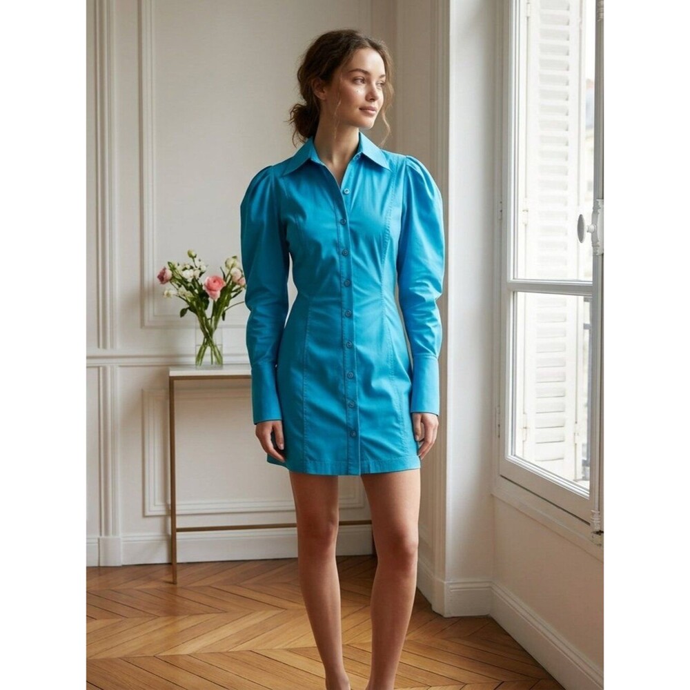 NWT Zara Peacock Blue Button Up Dress Fitted French Cuff Long Sleeve S